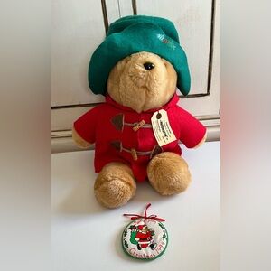 Vintage Holiday Paddington Bear w/red coat & green hat stuffed bear toy